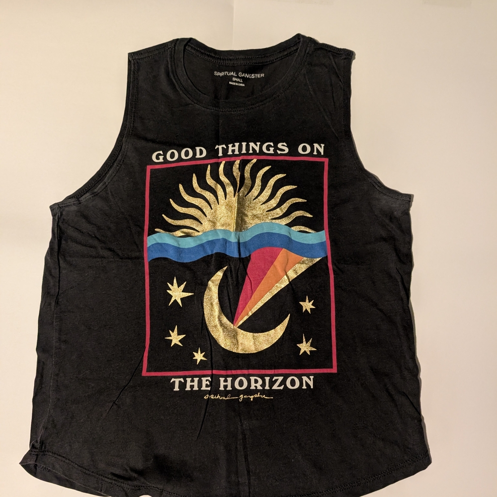 Spiritual Gangster Black Graphic Tank with Gold Sun & Moon